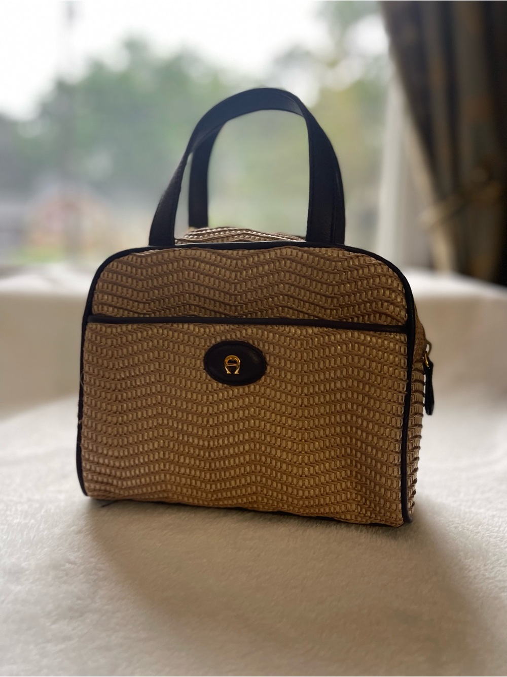 Woven Straw Tote Bag with Black Trim